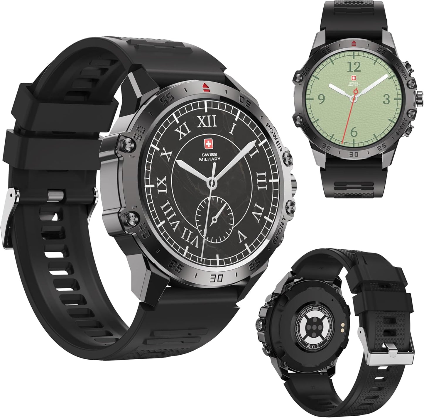 Swiss Military Dom 5 Smart Watch With 1.43 inch AMOLED Display | 1 Week Battery | IP68 Water Resistance | Swiss Military Health Pro App | Wireless Charging - Black Frame with Black Silicon Strap