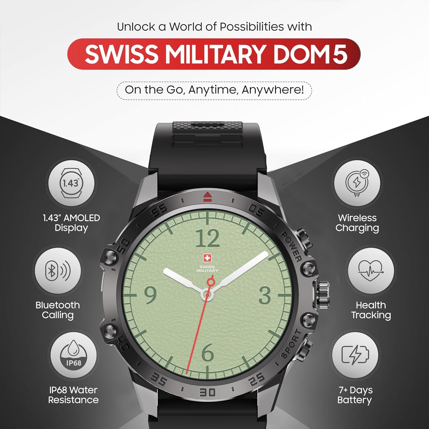 Swiss Military Dom 5 Smart Watch With 1.43 inch AMOLED Display | 1 Week Battery | IP68 Water Resistance | Swiss Military Health Pro App | Wireless Charging - Black Frame with Black Silicon Strap