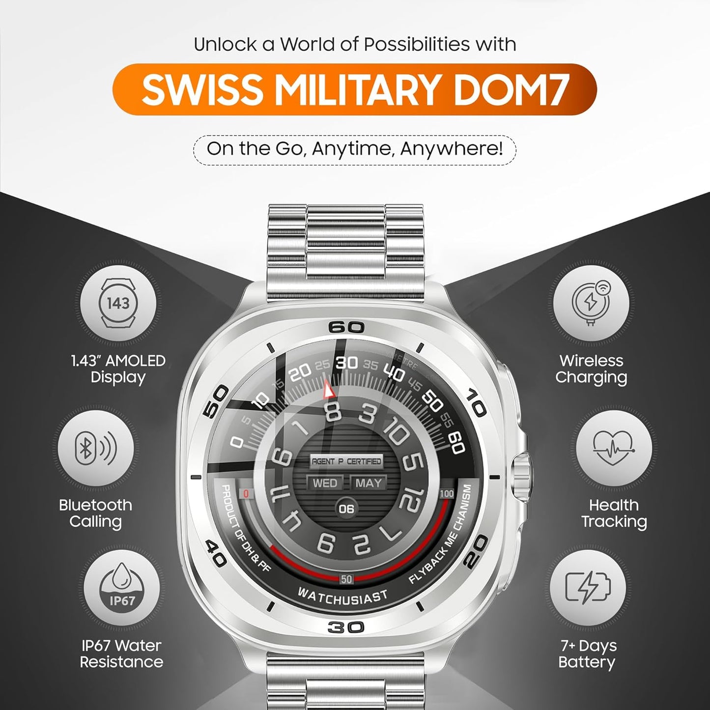 Swiss Military DOM 7 Smart Watch Silver Metal Case With Silver Metal Strap