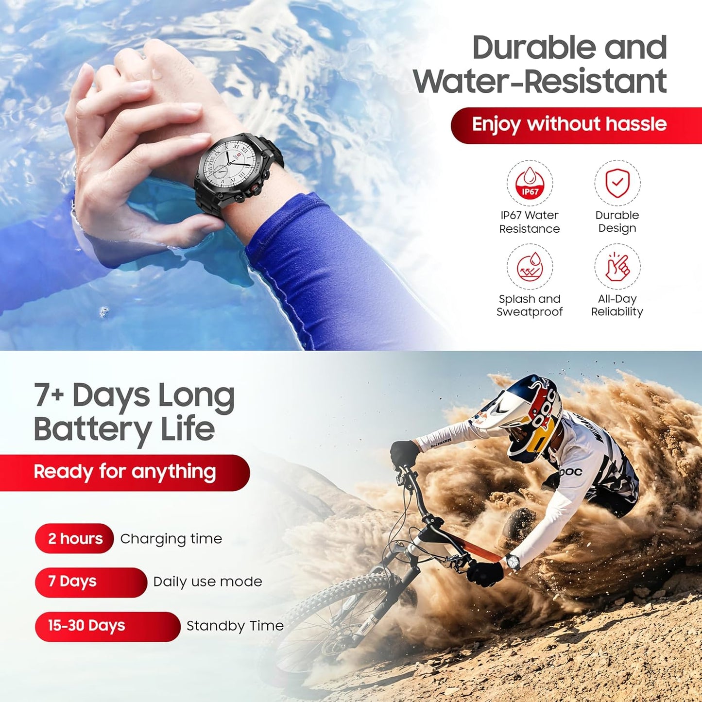 ساعة ذكية سويس ميليتاري DOM6 1.4 انش AMOLED، مكالمات بلوتوث، متعددة اللغات، تتبع الصحة والرياضة، شحن لاسلكي، بطارية 7 ايام، IP67، متوافقة مع iOS/Android، اطار وسوار معدني