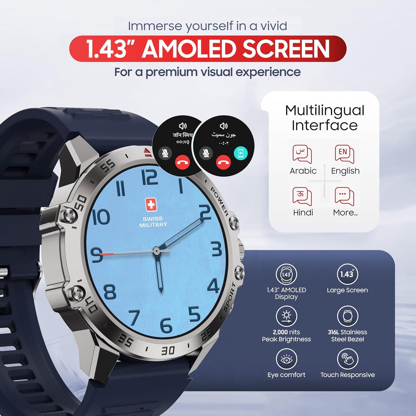 Swiss Military Dom 5 Smart Watch With 1.43 inch AMOLED Display | 1 Week Battery | IP68 Water Resistance | Swiss Military Health Pro App | Wireless Charging - Silver Frame with Dark Blue Silicon Strap
