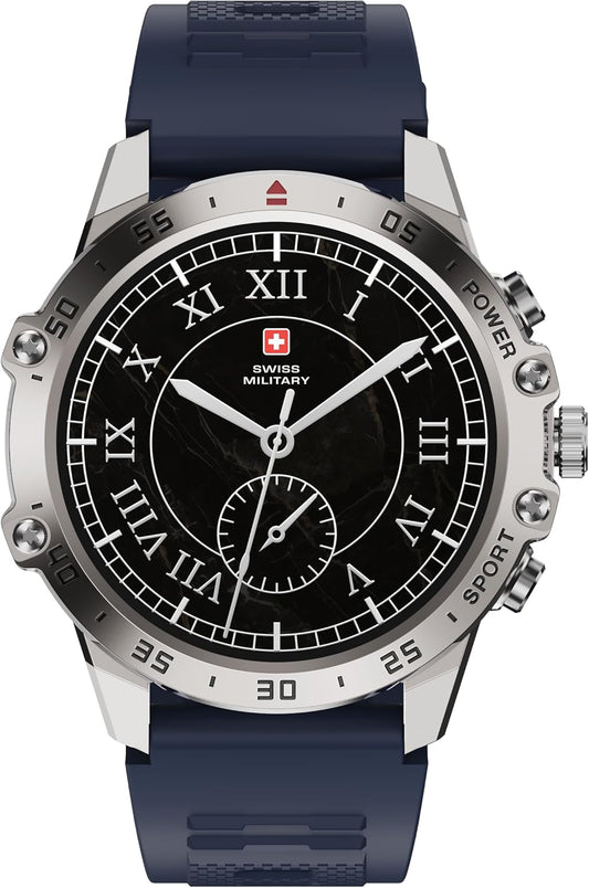 Swiss Military Dom 5 Smart Watch With 1.43 inch AMOLED Display | 1 Week Battery | IP68 Water Resistance | Swiss Military Health Pro App | Wireless Charging - Silver Frame with Dark Blue Silicon Strap