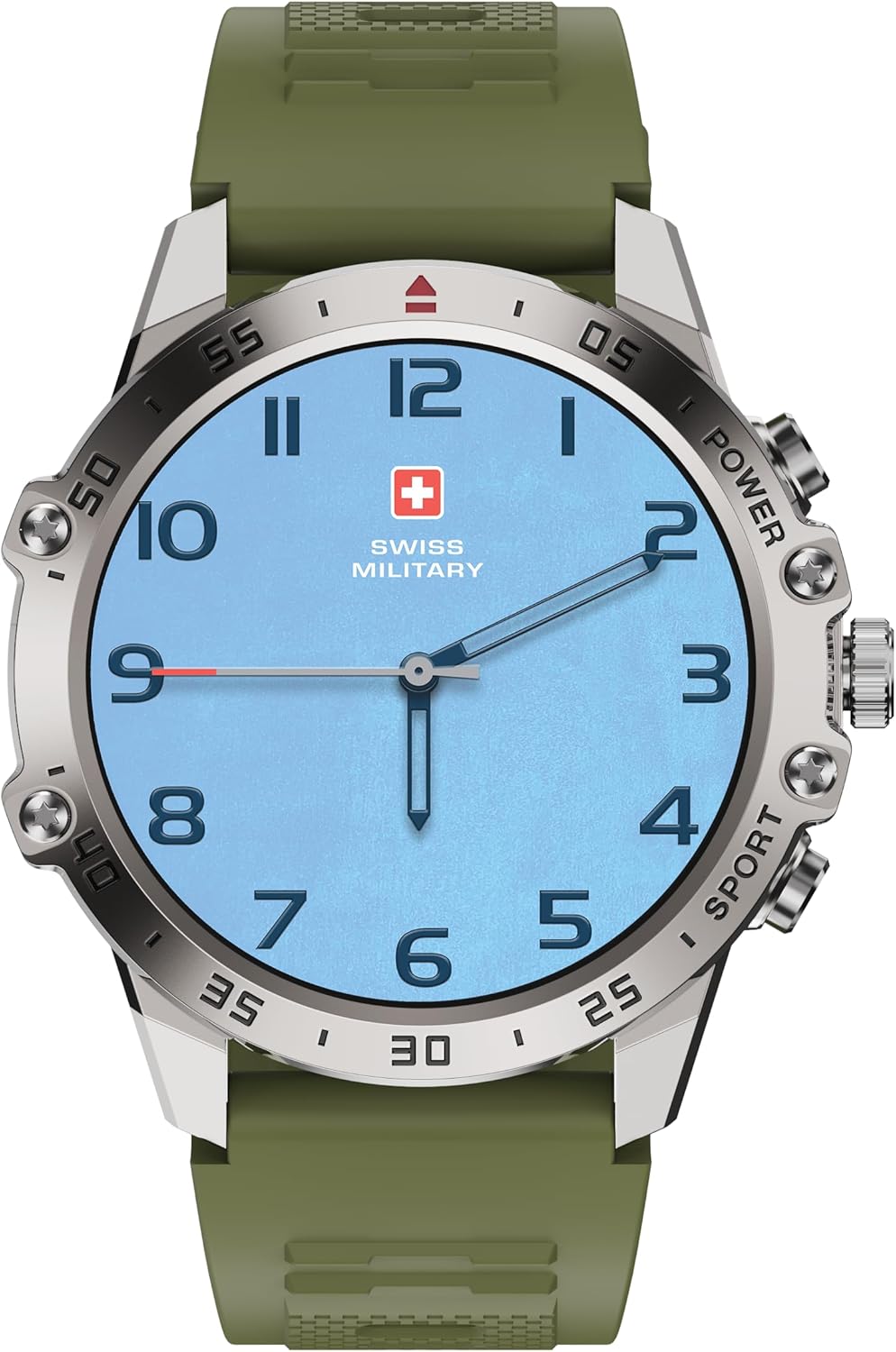 Swiss Military Dom 5 Smart Watch With 1.43 inch AMOLED Display | 1 Week Battery | IP68 Water Resistance | Swiss Military Health Pro App | Wireless Charging - Silver Frame with Dark Green Silicon Strap