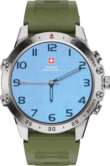 Swiss Military Dom 5 Smart Watch With 1.43 inch AMOLED Display | 1 Week Battery | IP68 Water Resistance | Swiss Military Health Pro App | Wireless Charging - Silver Frame with Dark Green Silicon Strap