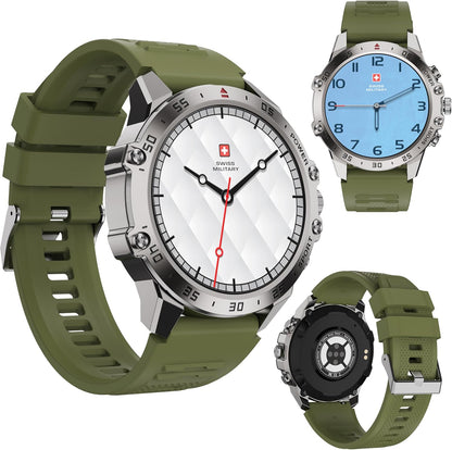 Swiss Military Dom 5 Smart Watch With 1.43 inch AMOLED Display | 1 Week Battery | IP68 Water Resistance | Swiss Military Health Pro App | Wireless Charging - Silver Frame with Dark Green Silicon Strap