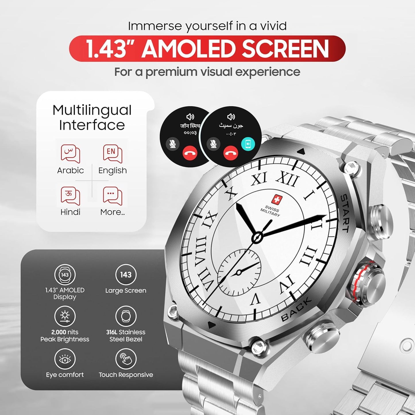 Swiss Military Dom 6 Smart Watch with 1.43 inch AMOLED Display | 7 Days Battery | IP67 Water Resistance | Silver Frame Silver Metal Strap | SM-WCH-DOM 6-SILF-SILMS - Silver