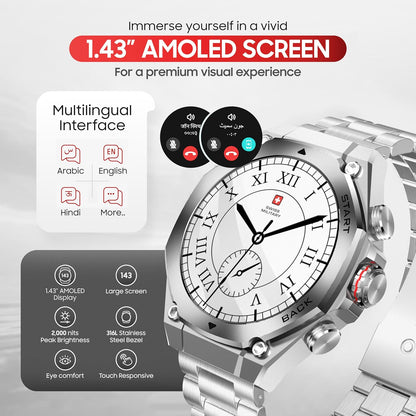 Swiss Military Dom 6 Smart Watch with 1.43 inch AMOLED Display | 7 Days Battery | IP67 Water Resistance | Silver Frame Silver Metal Strap | SM-WCH-DOM 6-SILF-SILMS - Silver