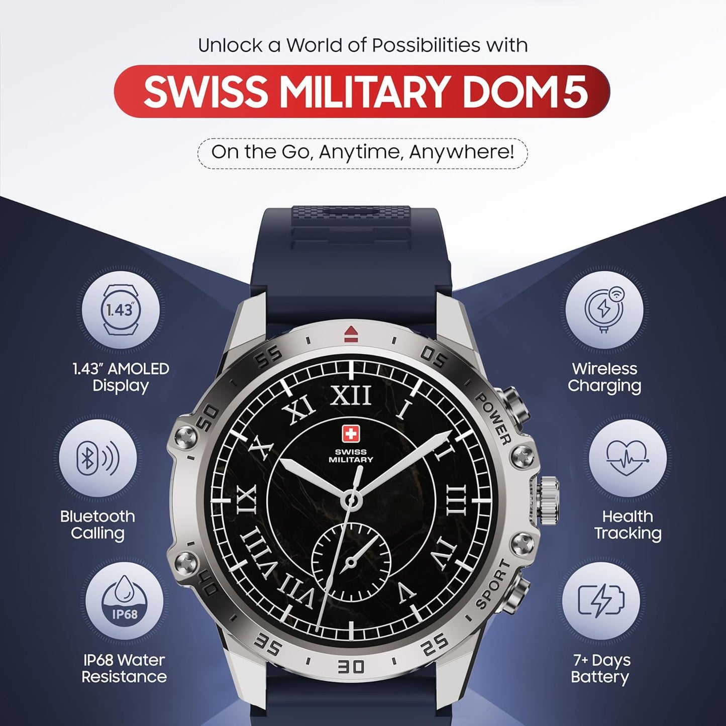 Swiss Military Dom 5 Smart Watch With 1.43 inch AMOLED Display | 1 Week Battery | IP68 Water Resistance | Swiss Military Health Pro App | Wireless Charging - Silver Frame with Dark Blue Silicon Strap