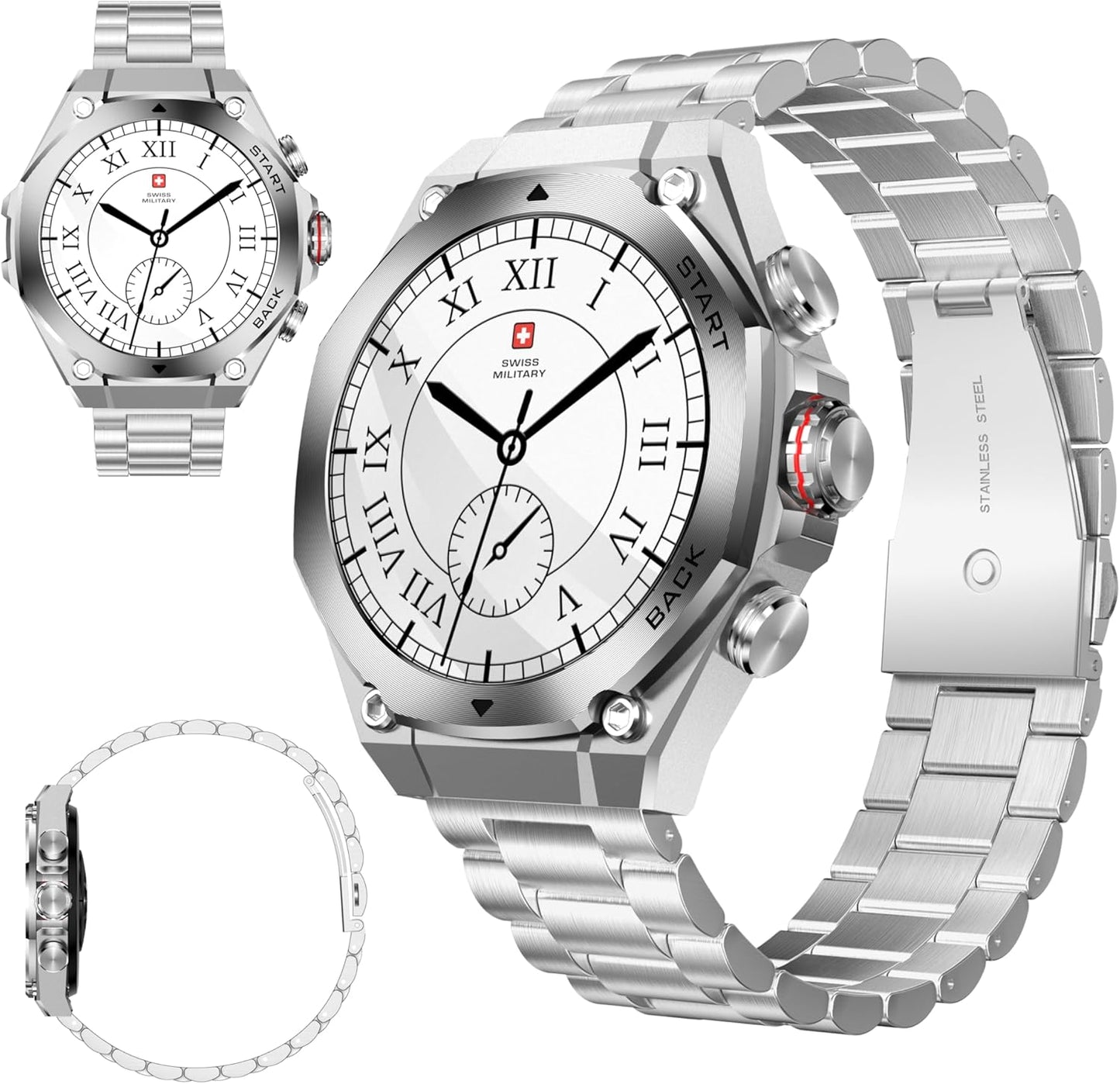 Swiss Military Dom 6 Smart Watch with 1.43 inch AMOLED Display | 7 Days Battery | IP67 Water Resistance | Silver Frame Silver Metal Strap | SM-WCH-DOM 6-SILF-SILMS - Silver