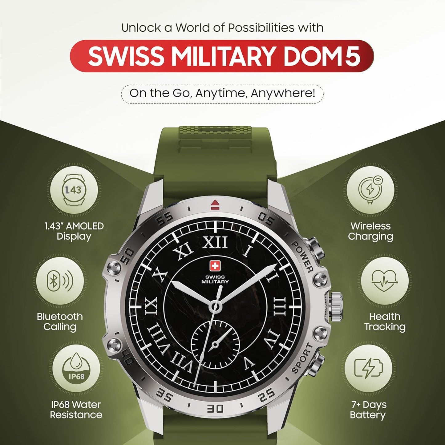 Swiss Military Dom 5 Smart Watch With 1.43 inch AMOLED Display | 1 Week Battery | IP68 Water Resistance | Swiss Military Health Pro App | Wireless Charging - Silver Frame with Dark Green Silicon Strap