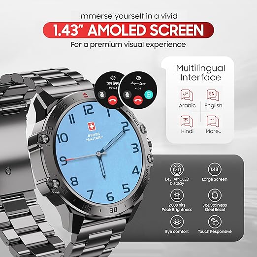 Swiss Military Dom 5 Smart Watch With 1.43 inch AMOLED Display | 1 Week Battery | IP68 Water Resistance | Swiss Military Health Pro App | Wireless Charging - Silver Frame with Dark Blue Silicon Strap