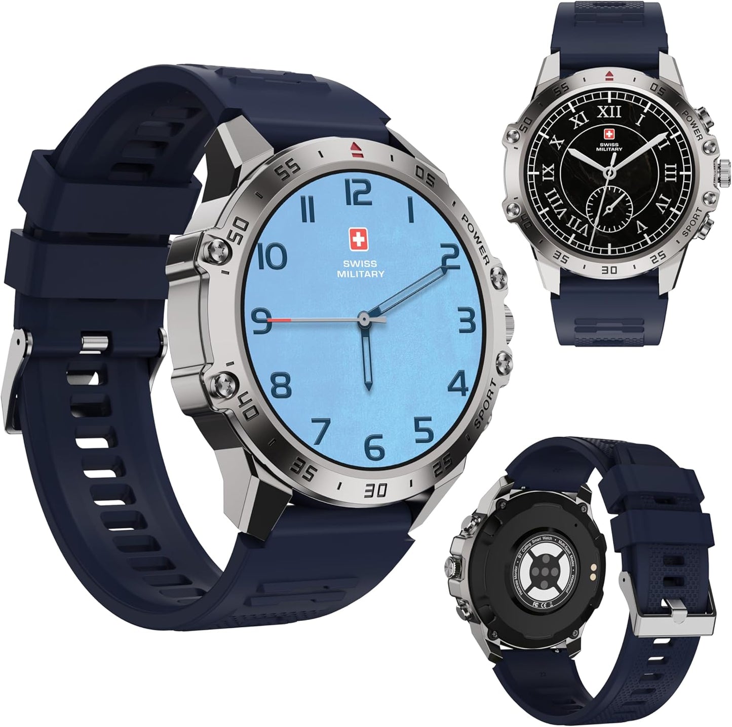 Swiss Military Dom 5 Smart Watch With 1.43 inch AMOLED Display | 1 Week Battery | IP68 Water Resistance | Swiss Military Health Pro App | Wireless Charging - Silver Frame with Dark Blue Silicon Strap