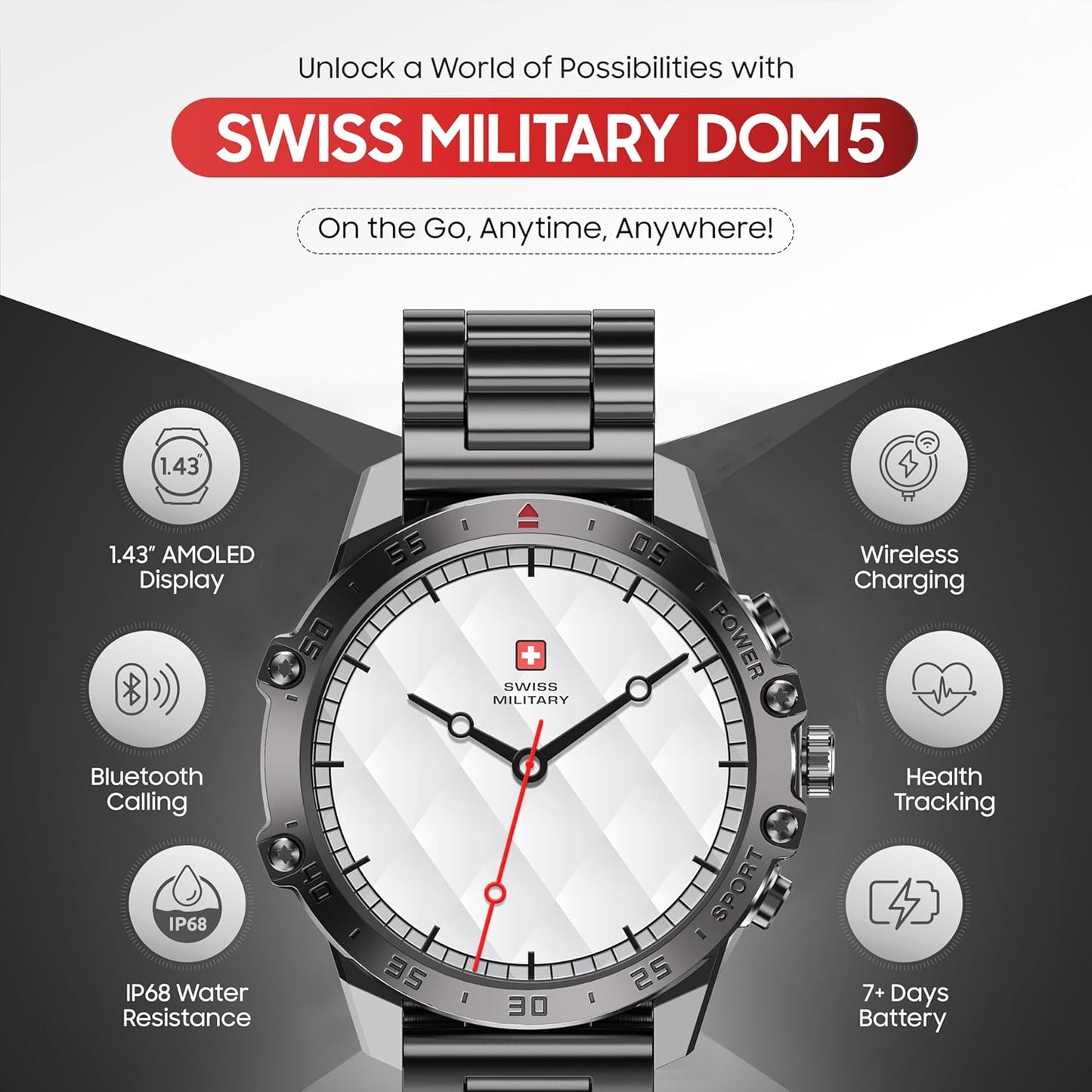 Swiss Military Dom 5 Smart Watch With 1.43 inch AMOLED Display | 1 Week Battery | IP68 Water Resistance | Swiss Military Health Pro App | Wireless Charging - Silver Frame with Dark Blue Silicon Strap