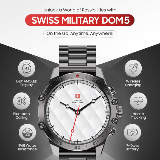 Swiss Military Dom 5 Smart Watch With 1.43 inch AMOLED Display | 1 Week Battery | IP68 Water Resistance | Swiss Military Health Pro App | Wireless Charging - Silver Frame with Dark Blue Silicon Strap