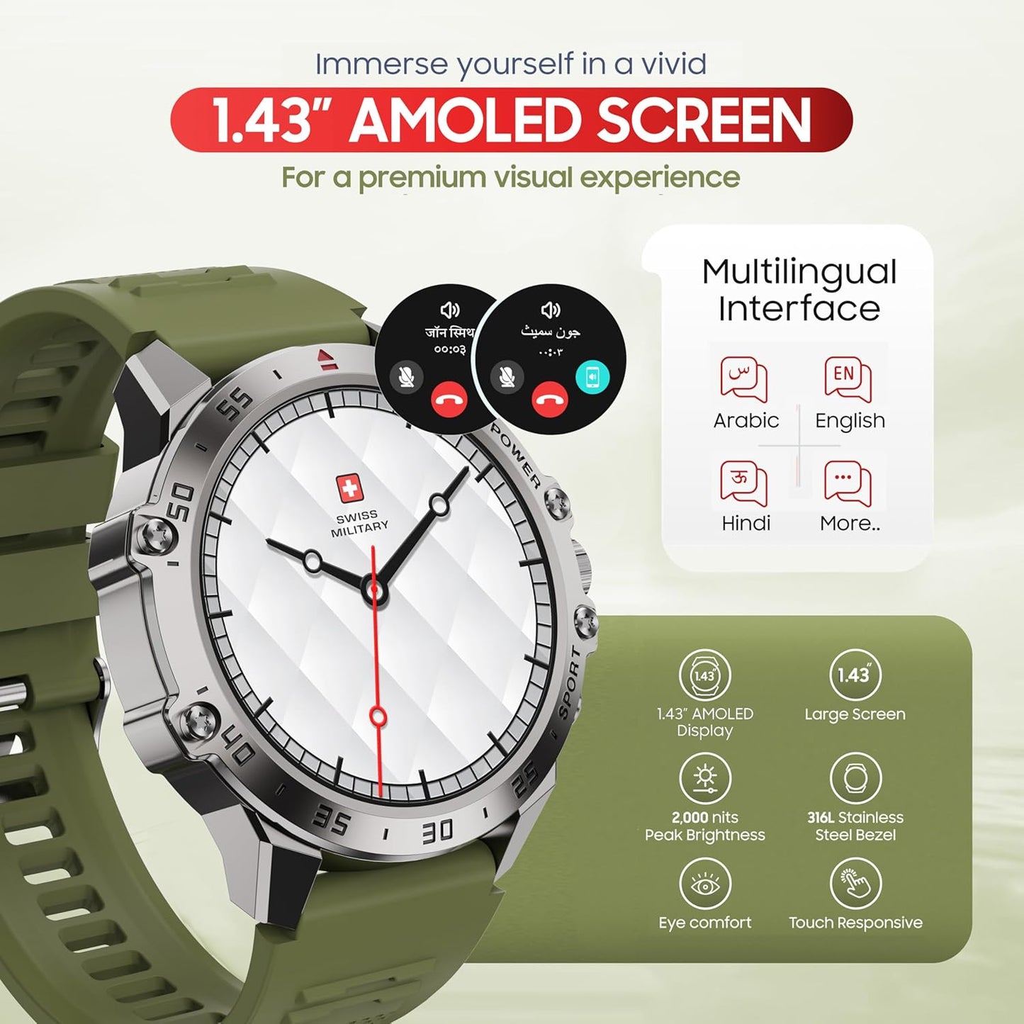 Swiss Military Dom 5 Smart Watch With 1.43 inch AMOLED Display | 1 Week Battery | IP68 Water Resistance | Swiss Military Health Pro App | Wireless Charging - Silver Frame with Dark Green Silicon Strap