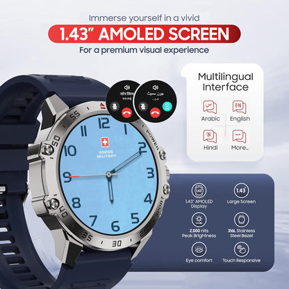 Swiss Military Dom 5 Smart Watch With 1.43 inch AMOLED Display | 1 Week Battery | IP68 Water Resistance | Swiss Military Health Pro App | Wireless Charging - Silver Frame with Dark Blue Silicon Strap