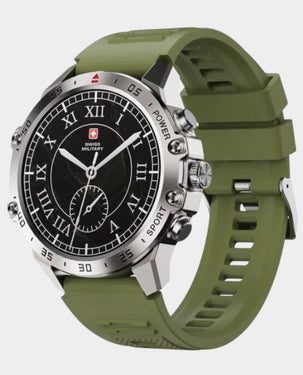 Swiss Military Dom 5 Smart Watch With 1.43 inch AMOLED Display | 1 Week Battery | IP68 Water Resistance | Swiss Military Health Pro App | Wireless Charging - Silver Frame with Dark Green Silicon Strap