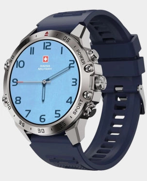 Swiss Military Dom 5 Smart Watch With 1.43 inch AMOLED Display | 1 Week Battery | IP68 Water Resistance | Swiss Military Health Pro App | Wireless Charging - Silver Frame with Dark Blue Silicon Strap