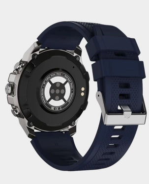 Swiss Military Dom 5 Smart Watch With 1.43 inch AMOLED Display | 1 Week Battery | IP68 Water Resistance | Swiss Military Health Pro App | Wireless Charging - Silver Frame with Dark Blue Silicon Strap